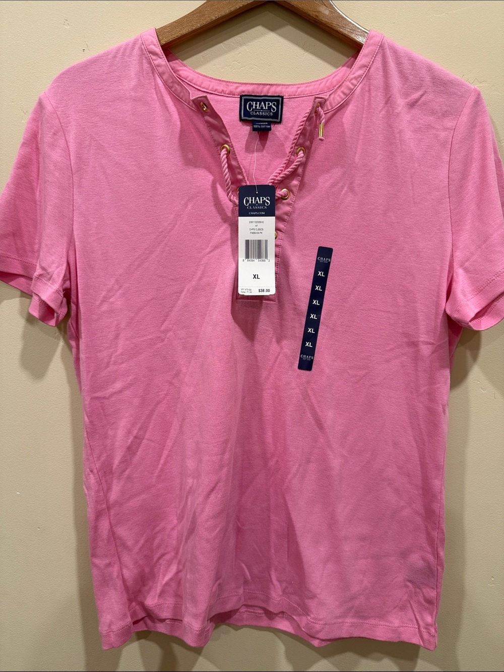 Chaps Pink Lace-Up Short Sleeve Tee with Rope Detail